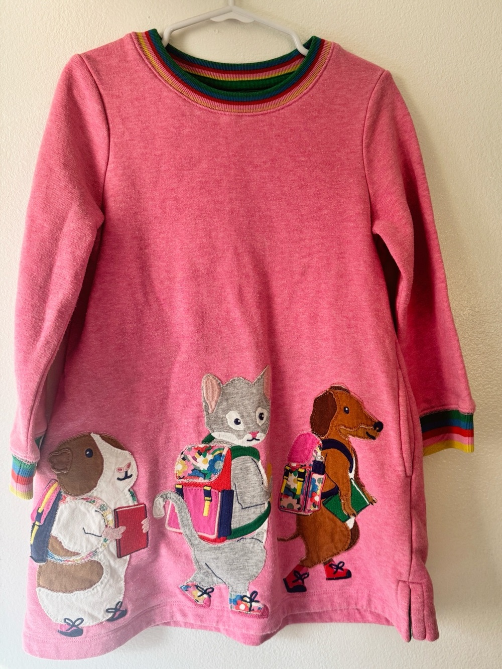 Mini Boden Pink Sweatshirt Dress with Animal Backpack Appliqués 3-4t